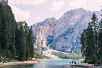 Lago di Braies - Pragser Wildsee, South Tyrol, Italy. tourists b