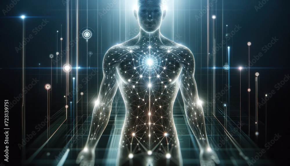 A futuristic digital representation of a human figure composed of ...