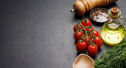 Poster - Cooking scene: Cherry tomatoes, herbs and spices on table