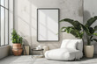 © Scandinavy - Frame mockup with ISO A paper size, showcasing a living room wall poster mockup against a modern interior design background, presented in a 3D render.
