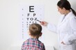 Ophthalmologist testing little boy's vision in clinic