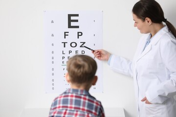 Sticker - Ophthalmologist testing little boy's vision in clinic