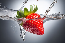 A Strawberry Is Falling Into The Water, And The Water Splash, Milk Bath Photography, Strawberry, Slow - Mo High Speed Photography, Flowing Milk, Super High Speed Photography, Gray Background
