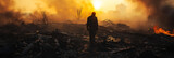 Fototapeta  - Solitary figure amid the ruins after a devastating fire, with smoke and embers under a dusky sky.  Earth Day banner.