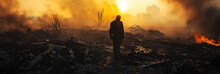 Solitary Figure Amid The Ruins After A Devastating Fire, With Smoke And Embers Under A Dusky Sky.  Earth Day Banner.