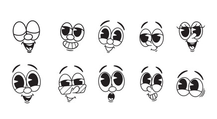 Wall Mural - playful retro cartoon emoji vector set featuring whimsical character emotions, brimming with nostalg