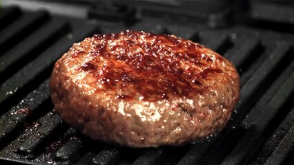 Sticker - A beef burger falls into a hot pan with a splash of oil. Filmed on a high-speed camera at 1000 fps. High quality FullHD footage