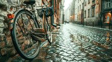 A Bicycle Leaning On A Wall On A Wet Cobbled Street In A Romantic Old City