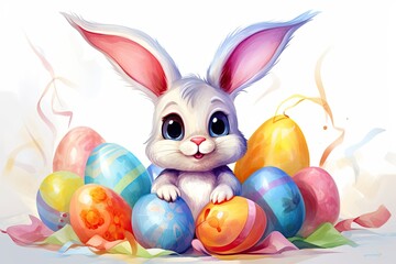 Wall Mural - cute easter bunny and colorful eggs holiday design illustration