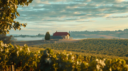 Beautiful countryside winery landscape with a cottage in a distance