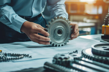 Engineer Evaluating Mechanical Gears with Technical Drawings on Workbench.