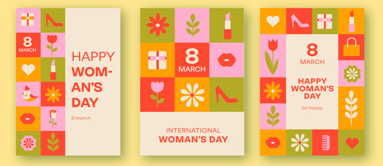 Wall Mural - Set of 3 postcards for internationam woman day. Vector illustration. flowers, spring, giftbox, shoes, lipstick, social media. march 8