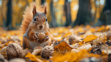 Cute Squirrel Eats Nuts In The Forest
