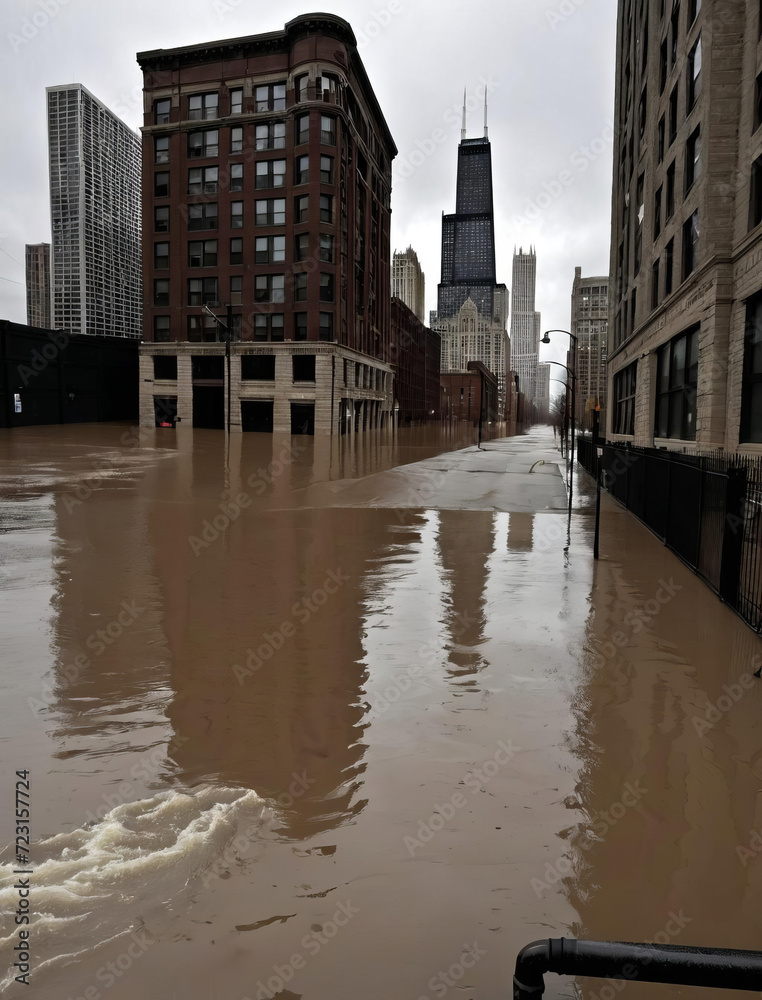 Apocalyptic Chicago - City skyline submerged in massive flood ...