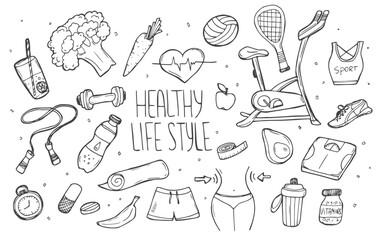 Wall Mural - Healthy lifestyle hand drawn set. Collection doodle objects with fitness, sport, fruit, yoga symbols. Contour vector illustrations.