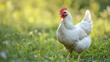 White chicken organic poultry grazing on grass