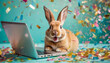 © Naji - Happy excited bunny with falling colorful confetti popper and a laptop, on pastel turquoise background.