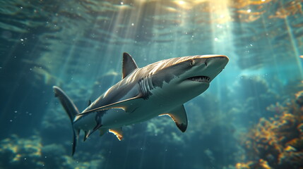 Wall Mural - White shark open toothy dangerous mouth with many teeth.Clear water shark swims. Generated AI