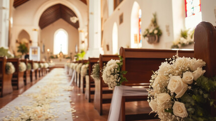 The church is decorated with path of white rose petals and decorative bouquets for the wedding ceremony,