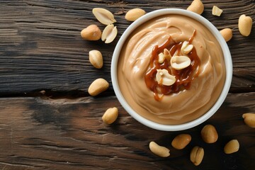 Poster - Bowl of creamy peanut pasta on table top view with copy space