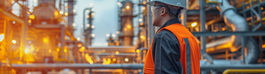 Wall Mural - An oil refinery worker in high visibility gear contemplates the facility's operations, bathed in golden light.