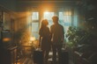A couple prepares for their next journey, standing amongst their belongings in a quaint indoor space filled with memories and anticipation, framed by a window overlooking a world waiting to be explor