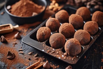 Wall Mural - Cocoa and chocolate balls on a black tray dusted with cocoa powder