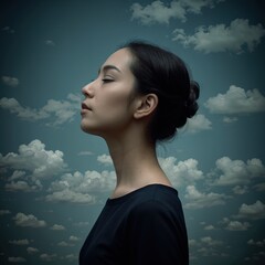 portrait of a woman with platinum blonde hair and a contemplative expression set against a backdrop of dramatic clouds, seemingly lost in thought.