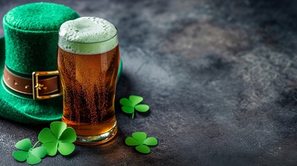 Wall Mural - Glass of delicious beer with green leprechaun hat, st. patrick's day celebration