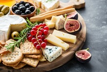 Elegant Cheese Board With Pecorino Brie And Goat Cheese Served With Crackers And Breadsticks Accompanied By Figs Jam Olives And Berries