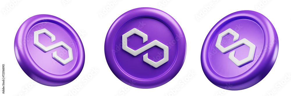Polygon or MATIC Puprle Coin 3d Set rendering cryptocurrency ...