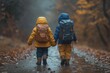 Two children stand on a snowy road, bundled in jackets and sturdy footwear, braving the winter weather with determination and curiosity