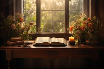 Wall Mural - This skillfully composed photograph captures the fine details of an open Bible on a carefully arranged surface