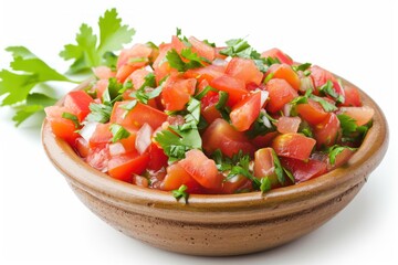 Canvas Print - Mexican salsa dip made with tomatoes onions cilantro jalapeno peppers and salt served as a traditional appetizer on a white background