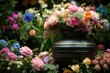 flowers surrounding urn at funeral and during mourning