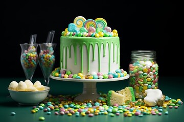 Wall Mural - Delicious Saint Patrick’s day white green cake on a dark background with copy space for text