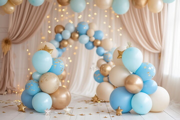 Wall Mural - a blue and gold baby prop with balloons, a balloon arches and more, in the style of dark beige and light beige