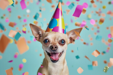 Wall Mural - A photograph of a joyful cute Chihuahua dog wearing a colorful birthday hat, with a tongue out in a happy expression