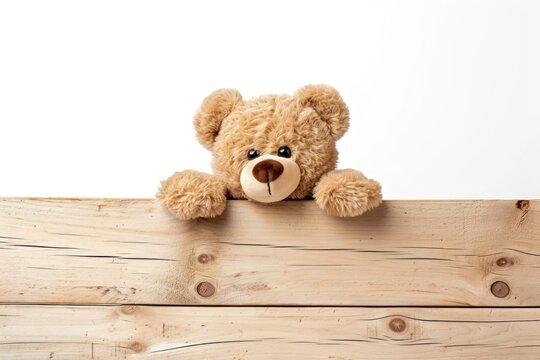 Teddy bear peeks through wooden board on white backdrop