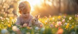 Fototapeta Tulipany - Cute little girl playing with easter eggs in blooming garden. Generative AI.