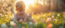 Cute Little Girl Playing With Easter Eggs In Blooming Garden. Generative AI.