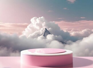 Wall Mural - Pink and white podium between clouds