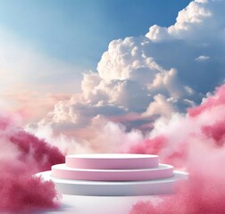 Wall Mural - Pink and white podium between clouds