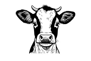 Wall Mural - Cow head hand drawn ink logotype sketch. Engraved style vector illustration.