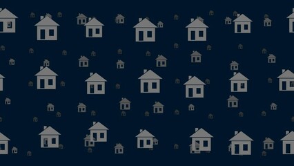 Poster - House symbols float horizontally from left to right. Parallax fly effect. Floating symbols are located randomly. Seamless looped 4k animation on dark blue background