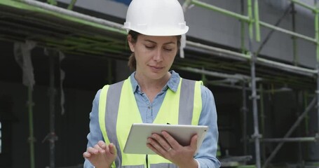 Aufkleber - Construction, woman and tablet at site for building renovation, civil engineering and property. Contractor, technician and digital planning of industrial development, urban inspection or architecture