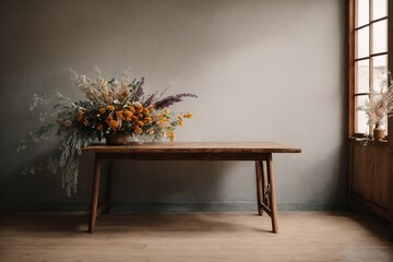 wooden table next to a blank wall with a bunch of vase flowers,the interior of a house Scandinavian style interior