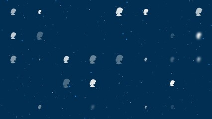Poster - Template animation of evenly spaced woman face profile symbols of different sizes and opacity. Animation of transparency and size. Seamless looped 4k animation on dark blue background with stars