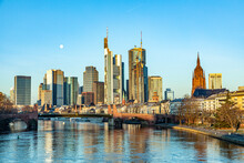 Scenic Skyline Of Frankfurt Am Main With Reflection In The River, Germany