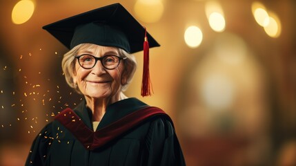Elderly woman wearing graduate cap on blurred background with space for text